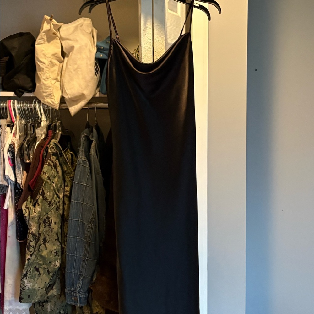 bebe Black Satin Slip Dress with Thin Straps